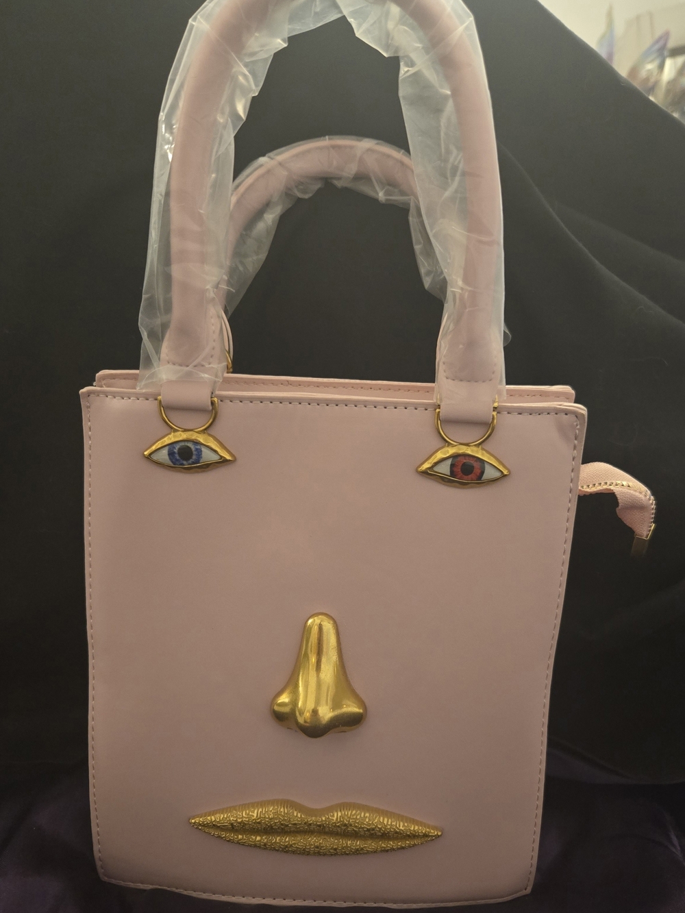 Schiaparelli Inspired Pink Novelty Face Tote Bag with Gold Accents